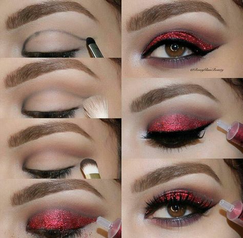 Red Riding Hood Makeup, Halloween Make-up Looks, Eyeshadow Eyebrows, Make Up Designs, Red Eye Makeup, Vampire Makeup, Halloween Eye Makeup, Halloween Makeup Scary, Glitter Eye Makeup