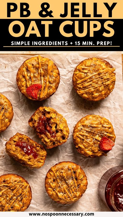 If you’re in the market for a chewy, sweet n’ salty, make-ahead breakfast, look no further than my PB&J Baked Oat Cups! These delicious jelly-stuffed oatmeal muffins are jam-packed with cinnamon-y, honey-sweetened, peanut butter goodness—and they take just 15 minutes of active prep time to make! Oatmeal Honey Muffins, Pb And J Muffins, Peanut Butter Jelly Oats, Pb&j Muffins, Peanut Butter Oatmeal Cups Healthy, Pbj Oat Bites, Peanut Butter Jelly Muffins, Pb And J Oat Bites, Oat Cups Breakfast