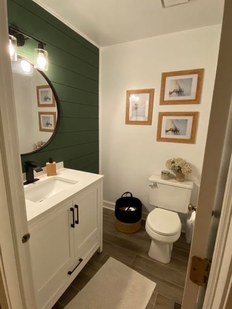 Bathroom Flooring Ideas Green Walls, Green Bathroom Shiplap, Powder Room With Green Vanity, Light Green Half Bathroom, Forest Green Half Bathroom, Olive Green Half Bath, Dark Green Half Bathroom, Half Bath Green, Green Shiplap Bathroom