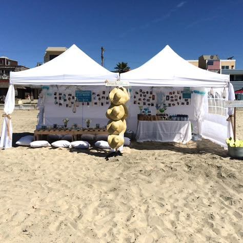 Party on the beach. 2 white pop-up tents. beach lounge on left, food table on right. hat stand and flip flip stand with signs Beach Party Setup Ideas, Beach Party Ideas At The Beach, Beach Party Set Up Ideas, At The Beach Birthday Party, Beach Event Ideas, Outdoor Beach Party, Graduation Beach Party Ideas, Beach Birthday Ideas For Adults, Cute Beach Set Up