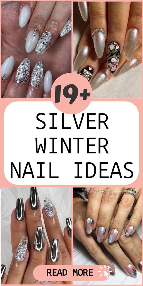 Get your nails winter-ready with gorgeous silver nail designs that capture the essence of the season. Whether you prefer chic metallic patterns or delicate frosty details, these ideas will take your manicure to the next level. Add a touch of sparkle to your look and let your nails shine like snowflakes all winter long. Discover inspiring nail art that will keep your fingertips looking fabulous! Glitter Nails Silver Sparkle, Gray Fingernail Designs, Short Silver Almond Nails, Clear And Silver Acrylic Nails, Christmas Nails Acrylic Silver, Silver Gray Nail Designs, Silver Chrome Pedicure, Silver Glitter Fade Nails, Silver Wedding Nail Ideas