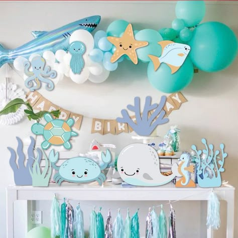 Under The Seas Birthday, Underwater Theme 1st Birthday Party, Under The Sea Beach Party, Birthday Theme Under The Sea, Birthday Blue Theme Decoration, Ocean Theme Birthday Decorations, Ocean Decor Party, Sea World Birthday Party, Under The Sea 1 Year Birthday Party