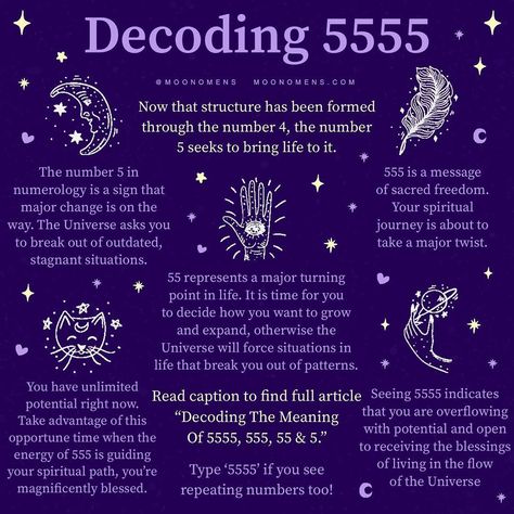 Moon Omens on Instagram: “Read article in @moonomens bio 🔮✨🍃 “Decoding The Spiritual Meaning Of 5555, 555, 55 & 5” to learn everything about the energy number 5…” 555 Spiritual Meaning, 5:55 Meaning, 5555 Angel Number Meaning, 5:55 Angel Number, 5555 Angel Numbers, 5555 Meaning, 55 Meaning, 555 Meaning, Moon Omens