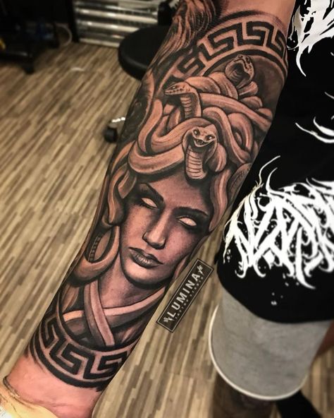 Popular Loner Tattoos, Hand Tattoos For Guys Aesthetic, Medusa Tattoo Design For Men, Greek Hand Tattoo, Medusa Tattoo Forearm, Medusa Forearm Tattoo, Greek Tattoo Sleeve, Medusa Arm Tattoo, Medusa Tattoo Sleeve