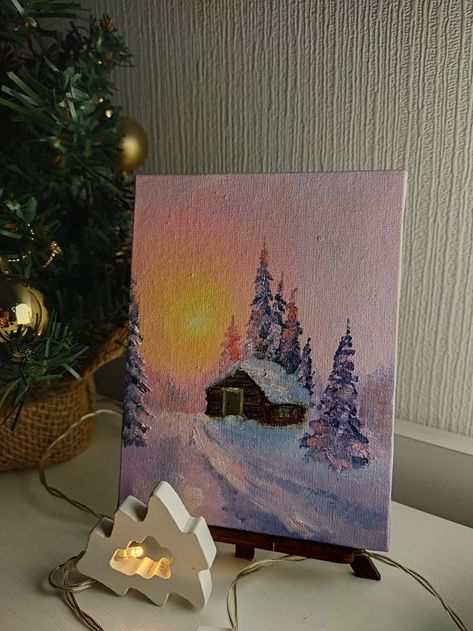 Winter Painting Inspiration, Winter Pictures To Paint, Christmas Things To Paint, Christmas Aesthetic Painting, Christmas Painting Easy, Animal Painting Ideas, Painting Ideas Christmas, Christmas Gift Painting, Christmas Art Painting