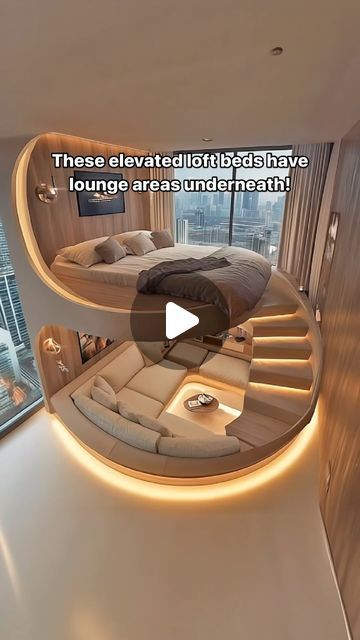 Inspiring Designs on Instagram: "Incredible elevated loft beds that have a lounge area below! This might be my dream bed! 😱😱
#interiordesign #cozy #aesthetic #homerenovation" Futuristic Bedroom Design, Home Decor Ideas Apartment, Futuristic Bedroom, Amazing Interior Design, Loft Beds, Dreams Beds, Woman Cave, Lounge Area, Cozy Aesthetic