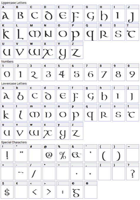 Aon Cari Celtic Font Character Map Celtic Calligraphy Alphabet, Celtic Numbers Font, Medieval Font Calligraphy, Celtic Numbers, Tarot Font, Celtic Calligraphy, Celtic Writing, Celtic Lettering, Organizer Printables