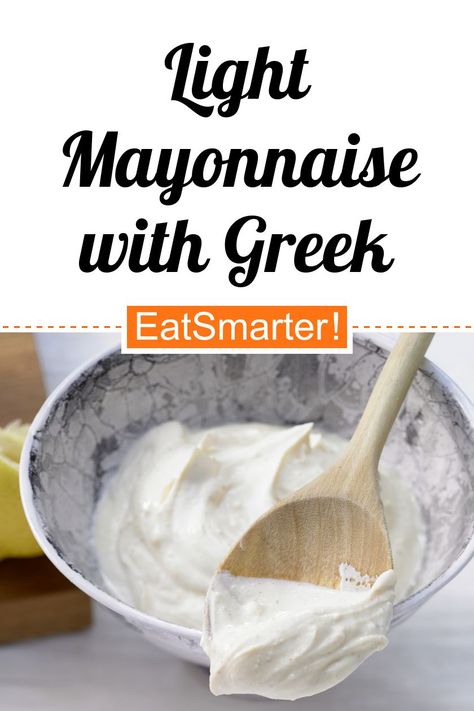 Klassiker mal anders: Light Mayonnaise with Greek Yogurt - (Basic Recipe) - few calories - quick recipe - simple dish - So healthy is the recipe: 8.7/10 | A recipe idea by EAT SMARTER | Gout, Gut Flora, Healthy Eyes, Heart Problems, high cholesterol, Hypertension, Irritable Bowel Syndrome, Lactation, Menopause, Osteoporosis, Pregnancy, Stress, Father's Day, crowdpleaser, Guest, Classic, Sunday cooking, Eggs, Sauce, Dips, Classic Sauce, low-carb, low-carb, low-carb #basicsauce #healthyrecipes Yogurt Mayonnaise Recipe, Greek Yogurt Mayo Recipe, Low Calorie Mayonnaise Recipe, Greek Yoghurt Recipes, Greek Yogurt Recipe, Sunday Cooking, How To Make Mayonnaise, Cooking Eggs, Mayo Recipe