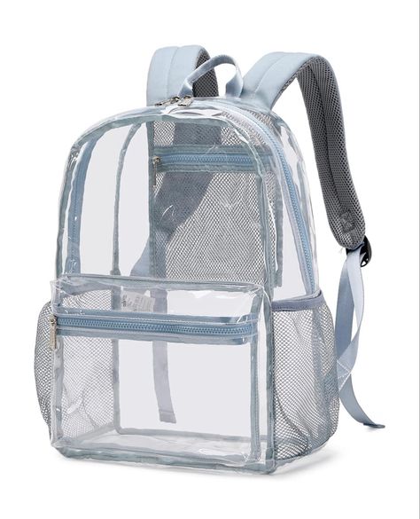 We got these clear backpacks for our competition squad this year and used a cricut to add each girls name to their backpack. They were adorable and stood out next to all the over used glitter bags Clear Bookbag, Backpack Designs, Cheer Backpack, Transparent Backpack, Clear Backpacks, Backpack Hanger, Y2k Handbag, Backpack For School, Clear Backpack