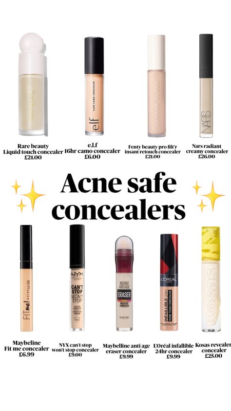 Acne safe concealers #acnesafe #skincare #makeup Makeup Shuffles, Acne Safe Makeup, Acne Concealer, Safe Makeup, Maybelline Concealer, Acne Makeup, Simple Makeup Tips, Makeup Face Charts, Makeup For Black Skin