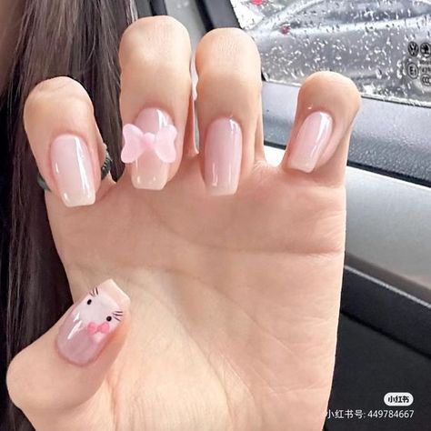 Paznokcie Hello Kitty, Hello Kitty Nails Art, Cute Pink Nails, Hello Kitty Nails, Blush Nails, Really Cute Nails, Soft Nails, Cat Nails, Kawaii Nails