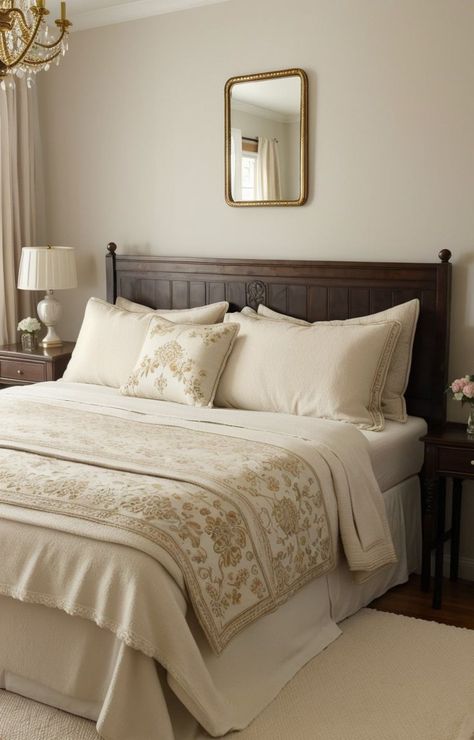 Create an Eastern European bedroom aesthetic by incorporating a vintage-inspired iron bed frame, paired with dainty embroidered pillows and a textured knit blanket. Add a touch of elegance with a traditional porcelain vase filled with fresh flowers, and complete the look with an ornate golden-framed mirror. European Bedroom Aesthetic, European Bedroom, Small Bedroom Interior, Spanish Home Decor, Embroidered Pillows, Earthy Home Decor, Iron Bed Frame, Bedroom Decor For Teen Girls, Iron Bed