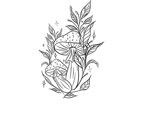 tattoo Floral And Mushroom Tattoo, Plant And Mushroom Tattoo, Large Womens Tattoos, Mushroom With Flowers Tattoo, Mushroom Foliage Tattoo, Medium Fine Line Tattoo, Pretty Mushroom Tattoo, Mushroom Tattoo Linework, Mushroom Jar Tattoo