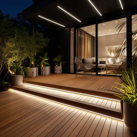 Decking Lighting, Outdoor Deck Lighting, Outdoor Decking, Terrace Garden Design, Modern Backyard Landscaping, Pergola Lighting, Deck Designs Backyard, تصميم للمنزل العصري, Patio Garden Design