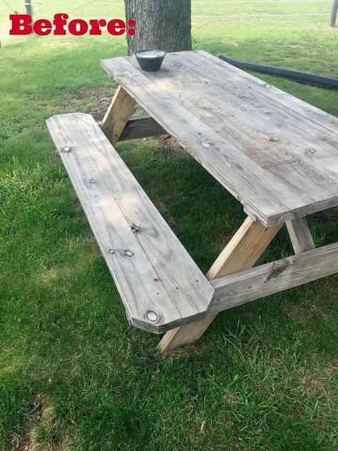 How To Paint A Picnic Table, Picnic Table Restoration, Beach Picnic Table Ideas, Refinish Picnic Table, Picnic Tables Ideas, Lake Porch, Backyard Dining Area, Painted Picnic Tables, Picnic Table Makeover