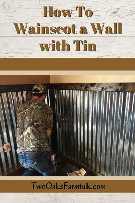 Tin Walls Rustic, Galvanized Tin Walls, Barn Tin Wall, Rustic Wainscoting, Tin Wainscoting, Wood Walls Living Room, Corrugated Metal Wall, Barn Tin, Cabin Living Room