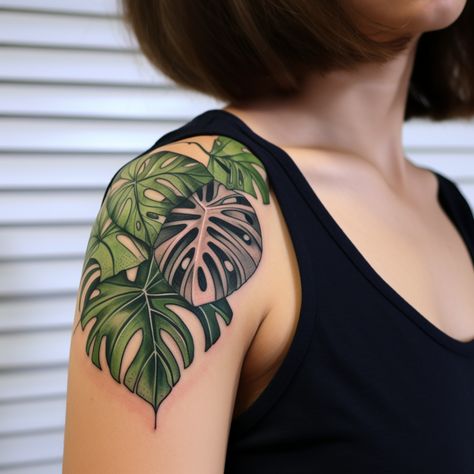 Jungle Plant Tattoo, Philodendron Plant Tattoo, Chest Plant Tattoo, Hibiscus And Monstera Tattoo, Houseplant Tattoo Ideas, Monsters Leaf Tattoo, House Plant Tattoos, House Plant Tattoo Ideas, Hosta Tattoo