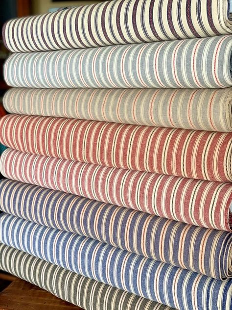 DIY Pottery Barn Inspired Ticking Stripe Curtains - Celebrated Nest Ticking Stripe Curtains, Grain Sack Fabric, Country Farmhouse Style, Farmhouse Fabric, Pottery Barn Inspired, Striped Curtains, Homespun Fabric, Ticking Fabric, Grain Sack