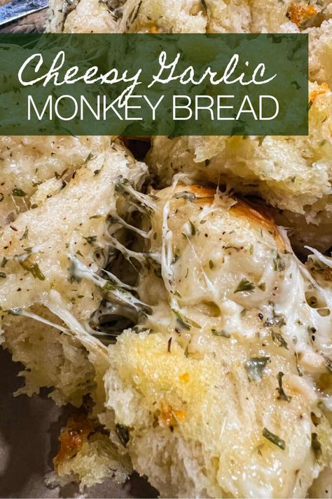 Cheesy Garlic Monkey Bread | Kristin's Quick & Easy Recipes Monkey Cheese Bread, Garlic Butter Monkey Bread, Monkey Bread Cheese, Savoury Monkey Bread, Dutch Oven Monkey Bread, Monkey Garlic Bread, Garlic Monkey Bread With Canned Biscuits, Italian Monkey Bread, Garlic Cheese Monkey Bread