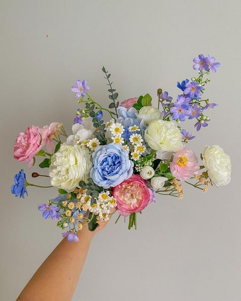 Two Whimsical Florists | pink peachy dream 🍑🌸🌷💫 | Instagram Pink Blue And Purple Bouquet, Pink And Blue Wildflower Bouquet, Purple And Blue Floral Arrangements, Summer Bridal Bouquet Bright Flowers, Pink Wildflower Wedding, September Floral Arrangements, Blue Garden Party Wedding, Blue White Pink Wedding, Pink Blue Wedding Flowers