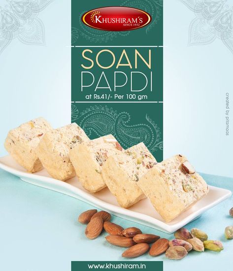 The crispy flaky Soan Papdi is Indian traditional sweets made from gram flour (besan) & mixed with dry fruits. Khushirams Soan Papdi contains richness of pure desi ghee for that perfect royal taste. Soan Papdi, Food Photography Cake, Sweet Box Design, Food Banner, Best Sweets, Hotel Food, Indian Sweet, Sweet Box, Indian Sweets