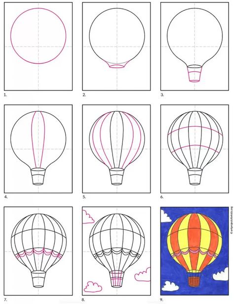 Draw an Easy Hot Air Balloon · Art Projects for Kids Draw A Hot Air Balloon, Hot Air Balloon Drawing, Hot Air Balloons Art, Balloon Painting, Draw Easy, 4th Grade Art, Hot Air Balloons, Balloon Art, Art Drawings For Kids