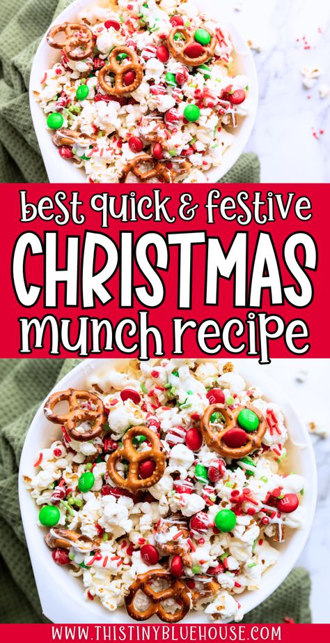 Christmas themed popcorn snack - savory and salty Santa Munch Christmas Popcorn, Christmas Munch Mix Easy Recipes, Christmas Munch Popcorn, Puffcorn Christmas Munch, Christmas Popcorn Mix Recipes, Moose Munch Popcorn Recipe, Christmas Munch, Holiday Popcorn Recipes, Popcorn Snack Mix Recipes