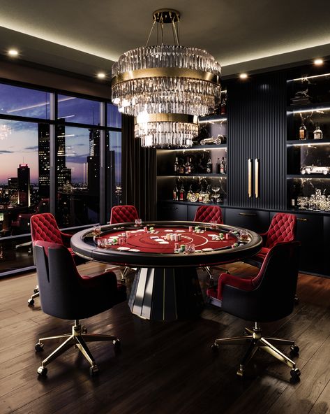 Elevate your game nights with the Darian Poker Table—where strength meets sophistication. 🎲✨ Featuring a classic rounded shape, wooden build, and polished brass details, it adds timeless elegance to any entertainment space. Discover more in our New Arrivals 2024 ebook via the link in our bio! #livingroomdesign #luxurylighting #modernluxury #centertable #interiordesign #homedecor #luxurylifestyle #covethouse #luxxuliving #lifestylebyluxxu Small Poker Room Ideas, Poker Room Ideas Interior Design, Poker Table Aesthetic, Luxury Game Room, Gaming Environment, Luxury Living Room Decor, Gaming Furniture, Poker Room, Round Chandelier