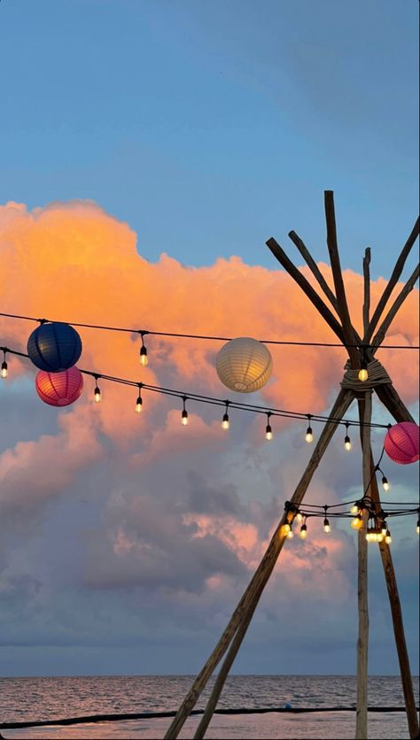 Summer Sunset Party, Outside Sunset, Clouds Decor, Sunset Decor, Sunset Party, Ocean Theme Party, Paper Lantern Lights, Dance Themes, Summer Party Themes