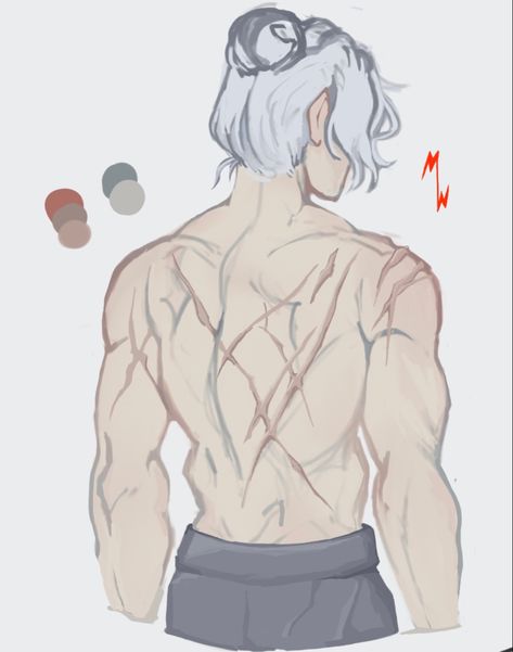 A digital drawing of a pale skinned, slightly muscular man with faded, dull, pink scars on his back, and his black streaked, white hair, tied up into a bun. 
A signature with the initials “MW” is written on the canvas, which stands for the artist’s name, “MutedWoodlands” Scar Back Drawing, Scar On Body Drawing, Healed Burn Scar Reference Drawing, Scarred Body Reference Female, Scar Types Drawing, Scarred Back Reference, Claw Scar Reference Drawing, Top Surgery Scars Design Drawing, Whip Scar Reference Drawing