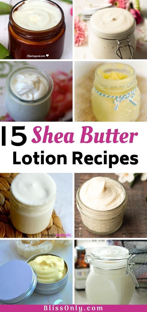 15 DIY Shea Butter Lotion Recipes - BlissOnly Diy Lotion Shea Butter Coconut Oil, Shea Butter And Coconut Oil Body Butter Lotion Recipe, How To Make Lotion With Shea Butter, Essential Oil Body Lotion Recipes, How To Make Shea Butter Lotion, Diy Lotion For Dry Skin, Homemade Shea Butter Lotion, Home Made Lotions, Shea Lotion Recipe