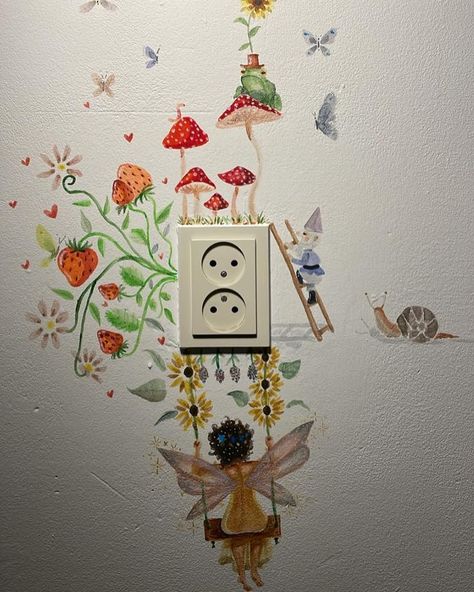 Painted Lightswitch Ideas, Whimsical Wall Painting, Yard Wall Painting Ideas, Fairy Garden Wall Mural, Room Mural Ideas Aesthetic, Cottagecore Wall Mural, Whimsical House Interior Bedroom, Indie Room Painting, Light Switch Art Aesthetic