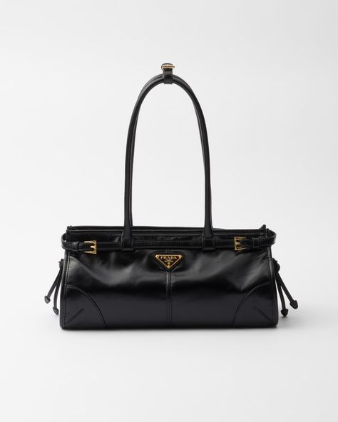 Black Medium Leather Handbag | PRADA Large Leather Handbags, Womens Designer Bags, Prada Shoulder Bag, Prada Leather, Triangle Logo, Black Leather Handbags, Black Leather Bags, Prada Handbags, Wallet Accessories