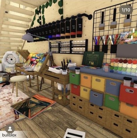 #bloxburg - 👩🏼‍🎨Wow, so many paint brushes and things like that for painting with paints! A real dream for an artist, but this is in Bloxburg, very chic!🎨 Blox Burg School Ideas, Art Room Decals Bloxburg, Bloxburg Art Studio Ideas, Bloxburg College Ideas, Bloxburg Art Classroom, Art Class Bloxburg, Art Studio Bloxburg, Bloxburg Storage Ideas, Pandalemontart Bloxburg