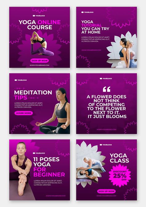 6 Yoga Instagram Post Templates PSD. Size 1080x1080 pixels Yoga Instagram Posts, Yoga Social Media Design, Yoga Social Media Posts, Yoga Day Post, Yoga Social Media, Yoga Poster Design, Post Reference, Yoga Post, Yoga Instagram