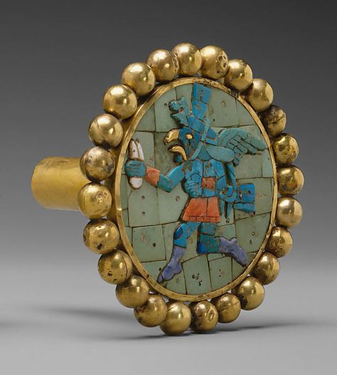 Earflare, Winger Messenger  Date: 3rd–7th century Geography: Peru Culture: Moche Medium: Gold, Turquoise, Sodalite, Shell Moche Civilization, Peru Culture, Ancient Jewels, Bird Costume, Ancient Jewellery, Historical Jewellery, Roman Art, Ancient Jewelry, Ancient Artifacts