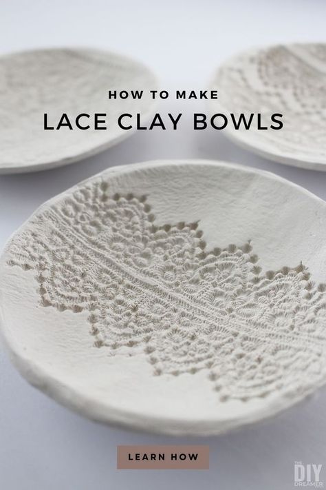 Learn how to make lace clay bowls by stamping lace onto clay. Easy tutorial using air dry clay. Easy Air Dry Clay Recipe, Air Dry Clay Holiday Projects, Air Dry Clay Useful Projects, Oven Dry Clay Ideas, Clay Stamp Ideas, Easy Air Dry Clay Projects Diy Tutorial, Homemade Pottery Ideas, Diy Clay Crafts Air Dry Easy, Clay Plates Diy