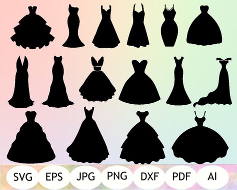 Dresses SVG, Dress Silhouette, Wedding Dress Clipart, Party Dress SVG, Silhouette Cameo, Cricut, Instant Download by PerfectSvgCut on Etsy https://www.etsy.com/listing/633400866/dresses-svg-dress-silhouette-wedding Art Clothes Ideas, Mermaid Couture, Princess Couple, Silhouette Wedding Dress, Free Wedding Dress, Dress Clipart, Wedding Dresses Backless, Silhouette Wedding, Bling Wedding Dress