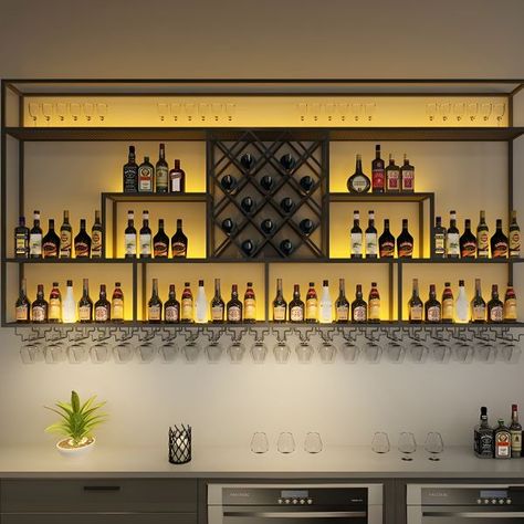 Industrial Wall Wine Rack, Wine And Liquor Wall Rack, Bar Rack Ideas, Bar Shelf Ideas For Home, Modern Home Bar Designs Small Spaces, Wall Bar Ideas Small Spaces, Wall Bar Ideas For Home, Bar Shelves Ideas, Bar Wall Design