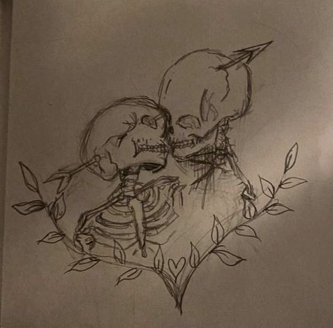 <3 Skull Couple Drawing, Skeleton Side Profile Drawing, Skeleton Lovers Drawing, Emo Love Drawings, Grunge Love Drawings, Cute Love Sketches Couples Drawing Ideas, Skeletons Sketch, Love Drawing For Boyfriend Romantic, Me And Him Drawings