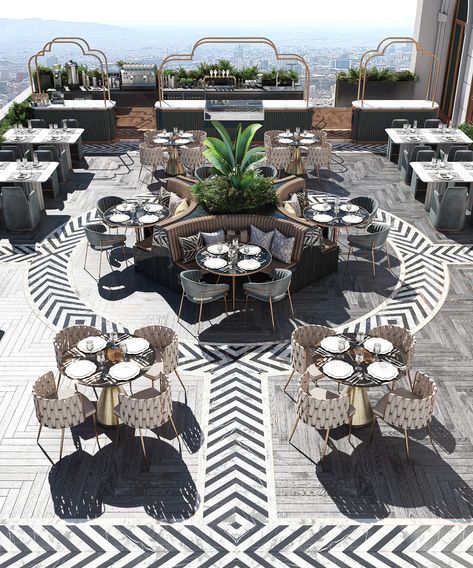 Sincere Cafe & Restaurant on Behance Roof Top Patio, Rooftop Bar Design, Roof Top Cafe, Luxury Restaurant Interior, Rooftop Restaurant Design, Restaurant Exterior Design, Restaurant Layout, Modern Restaurant Design, Outdoor Restaurant Design