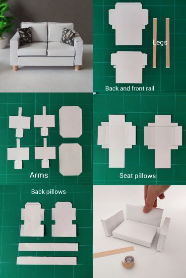 Two-seat sofa model made out of paper. Perfect for dollhouses and dioramas. The video tutorial provides the dimension for each component. Doll Furniture Tutorial, Diy Miniature Furniture, Dollhouse Furniture Tutorials, Sofa Simple, Barbie House Furniture, Making Miniatures, 3d Crafts, Paper Furniture, Dollhouse Miniature Tutorials