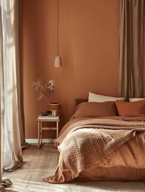 15+ Inspiring Terra Cotta Interior Design Projects for Every Room • 333+ Art Images Burnt Orange Bedroom Decor Ideas, Terra Cotta Bedroom, Terra Cotta Living Room, Terracotta Interior Design, Elegant Dining Rooms, Southwest Bedroom, Terracotta Bedroom, Inspiring Lifestyle, Bedroom Vibes