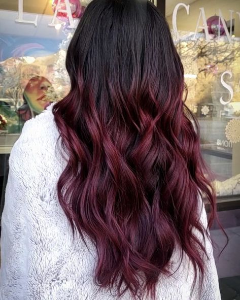 Ombre Hair Color Red Burgundy, Dark Brown To Maroon Ombre, Dark Red Hair Color Balayage, Burgundy Brunette Balayage, Balayage For Dark Brown Hair With Red, Blended Red Brown Hair, Magenta Balayage Hair, Brown To Maroon Ombre Hair, Dark Hair Maroon Highlights