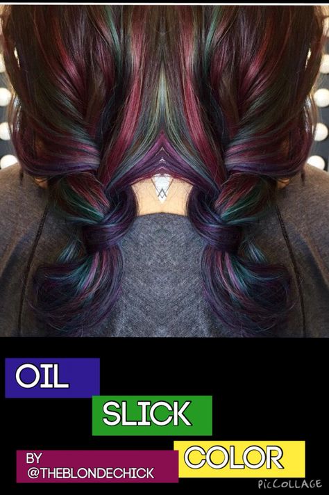 Balayage highlights, oil slick color, blue hair, purple hair, green hair, red hair, yellow hair, teal hair, rainbow hair, unicorn hair Unicorn Braids, Oil Slick Hair, Current Hair Trends, Slick Hair, Hair Rainbow, Hair Yellow, Teal Hair, Hair Red, Oil Slick