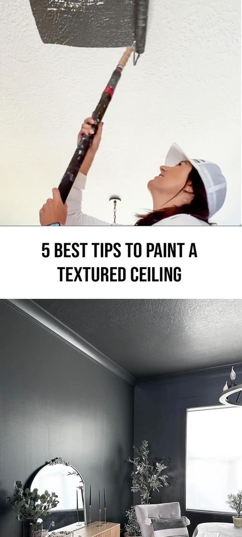 5 Best tips to paint a textured ceiling the easy way and have it turn out amazing! Change the way you paint ceilings for the better. Textured Ceiling Paint, Painting Popcorn Ceiling, Ceiling Texture Types, Textured Ceiling, Drywall Texture, Bungalow Decor, Smooth Ceiling, At Home Decor, Shiplap Ceiling