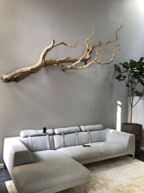 Wall Mount Installation | Artefact Design & Salvage Takken Decor, Tree Branch Wall Decor, Tree Branch Decor, Tree Branch Wall, Driftwood Wall Art, Outdoor Furniture Plans, Branch Decor, Deck Furniture, Studio Apartment Decorating