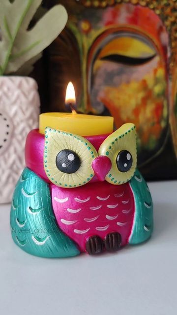 Clay Owl Diy, Owl Candle Holder, Goddess Laxmi, Owl Candle, Clay Owl, Diwali Diya, Diy Gift Set, Diwali Diy, Diy Candle Holders