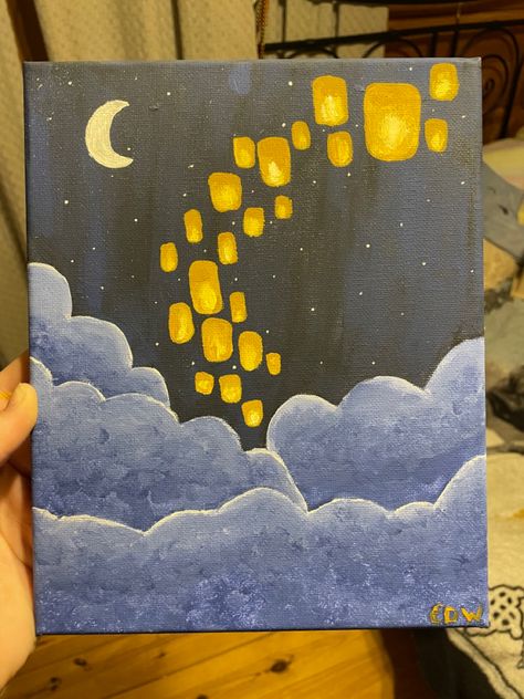 Acrylic Painting Painting Ideas Lantern, Lanterns In Sky Painting, Lantern Canvas Painting, Night Theme Painting, Sky Lantern Painting, Sky Lanterns Painting, Disney Themed Paintings, Acrylic Painting Inspo For Beginners, Simple Sky Painting