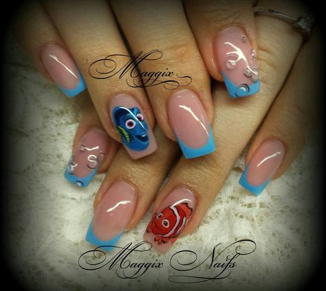 Finding Nemo Disneyland Nails, Cartoon Nail Designs, Disney Inspired Nails, Disney Acrylic Nails, Nail Pics, Wedding Nails French, Nail Art Disney, Simple Gel Nails, Simple Acrylic Nails